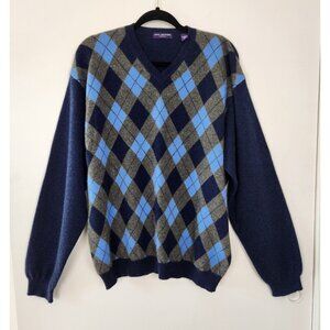 John Ashford Men's 100% Cashmere Blue And Gray Argyle V Neck Sweater, XL